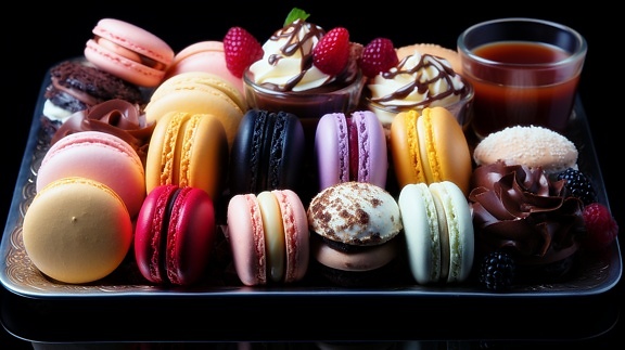 Tray with assortment of colorful cookies and ice-cream