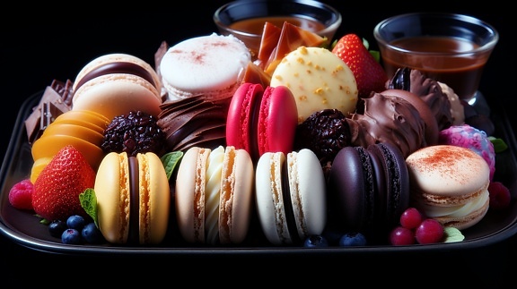 Plate with assortment of colorful cookies and desserts