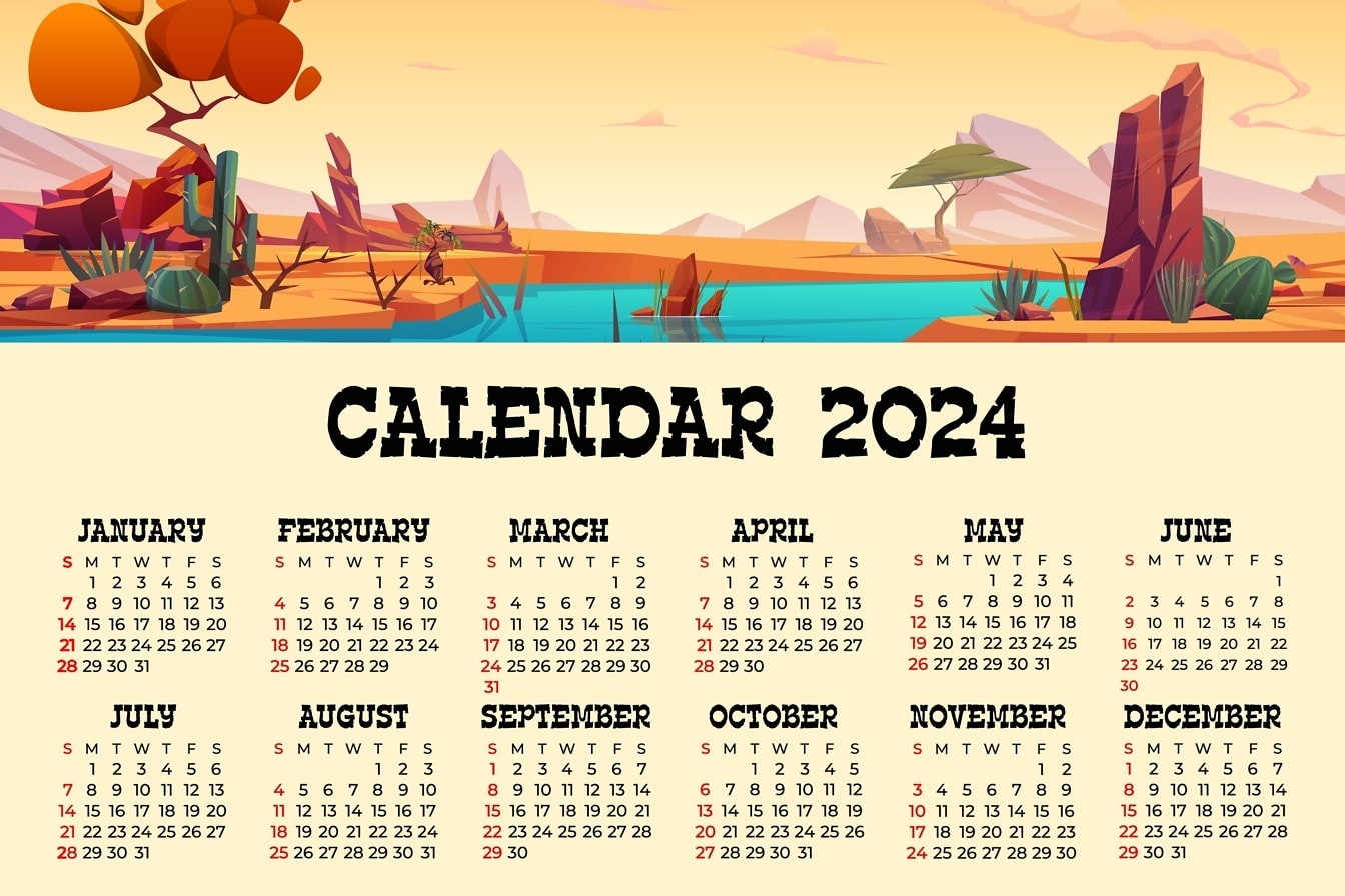 Calendario per il 2024 con illustrazione del fiume e degli alberi nel deserto