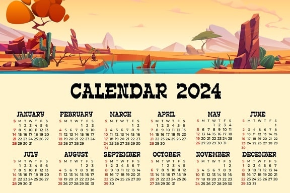 Kalender voor 2024 met een illustratie van rivier en bomen in woestijn