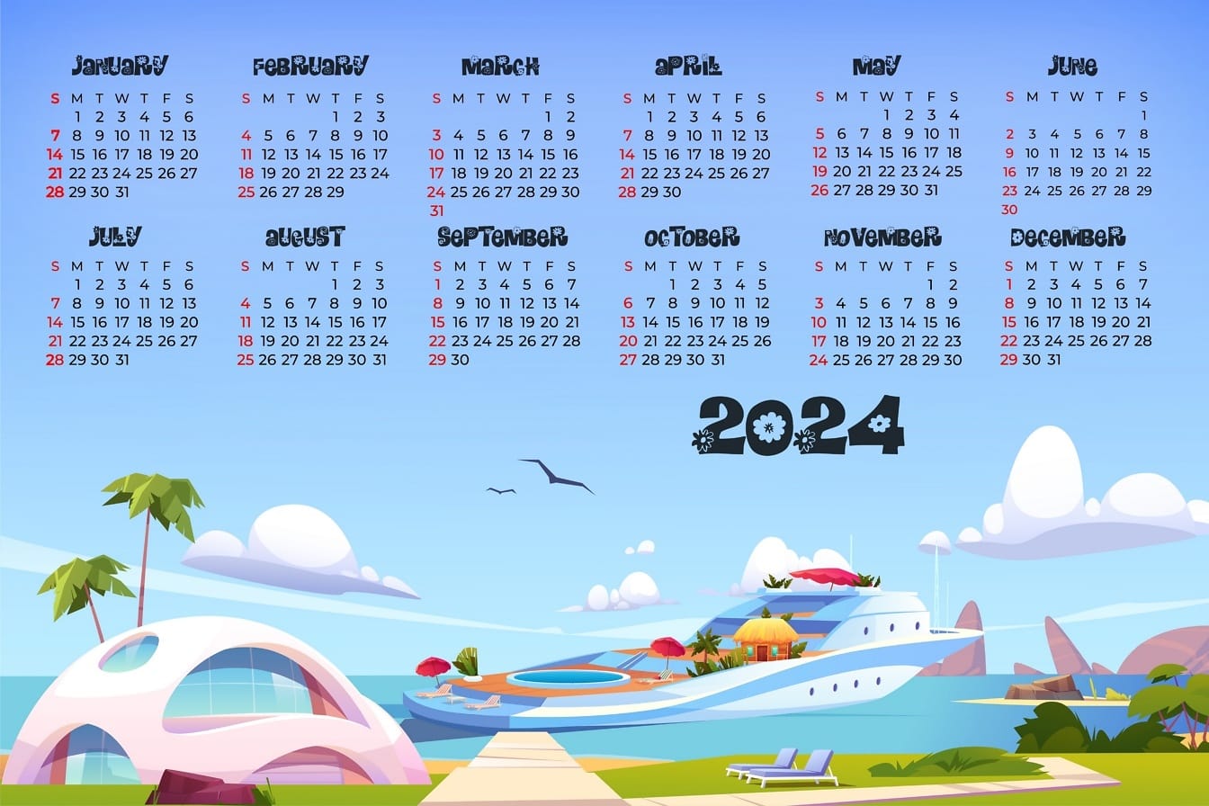 Kalender für 2024 mit einer Illustration einer Yacht auf dem Wasser auf einer tropischen Insel