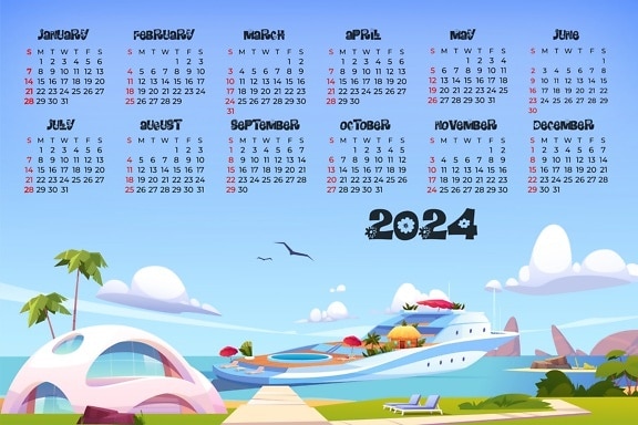 Calendário para 2024 com uma ilustração de iate na água na ilha tropical
