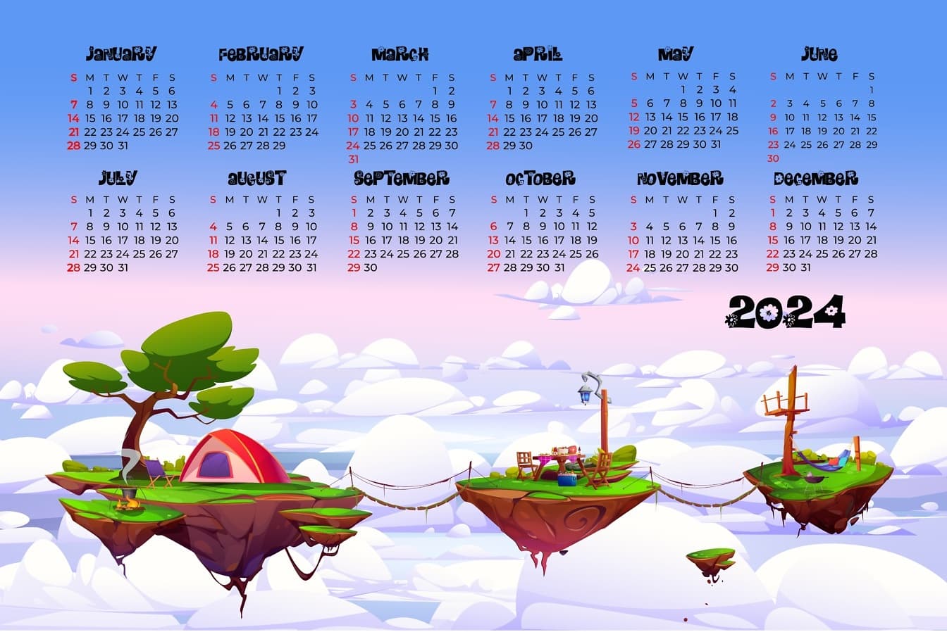 Kalendarz na rok 2024 z kreskówkową ilustracją trzech pływających wysp