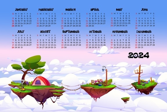 Calendário para 2024 com uma ilustração de desenho animado de três ilhas flutuantes