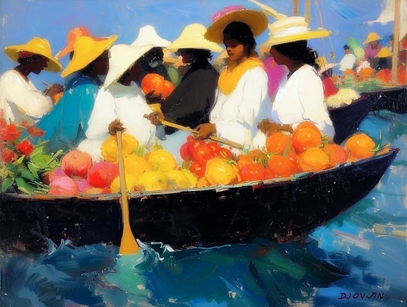 Grafiikka ryhmästä nuoria afrikkalaisia naisia veneessä, joka on täynnä hedelmiä