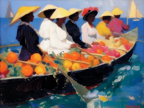 Oil painting of seven African women in a boat with tropical fruit