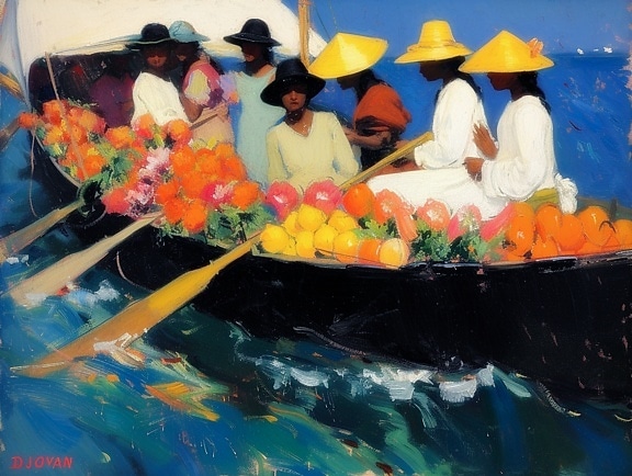Grafisk illustration i oljemålningsstil av människor i en båt med frukt