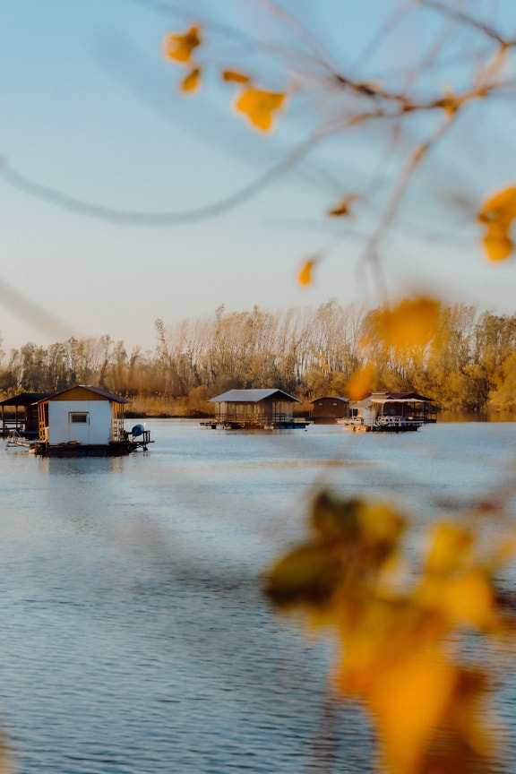 Hus på flytende flåter i en Tikvara-innsjø ved Donau