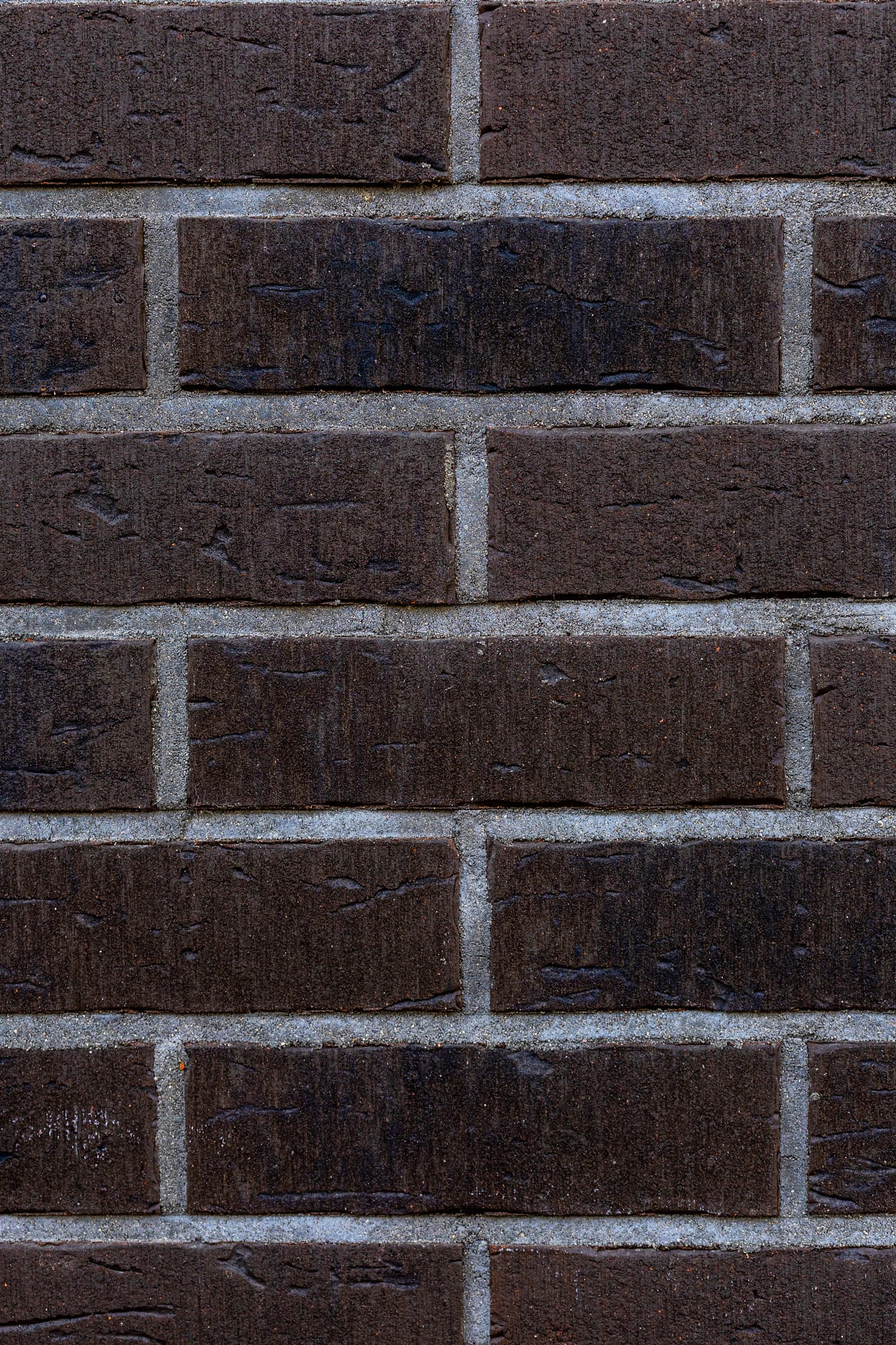 Brick wall with dark brown bricks and grey mortar