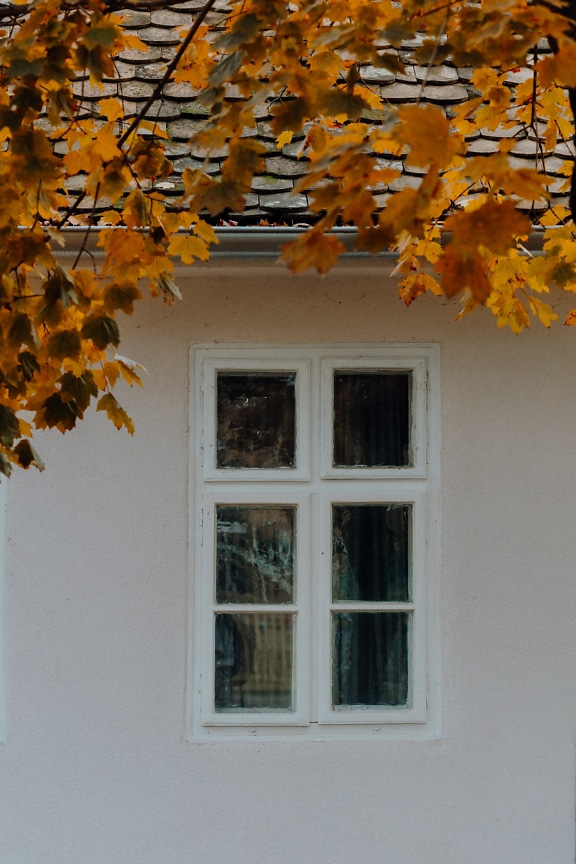 Oud wit houten venster op huis