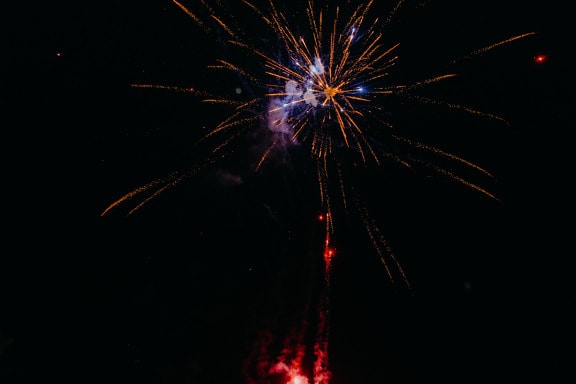 새해 축하 행사에서 하늘의 노랗고 붉은 불꽃 놀이