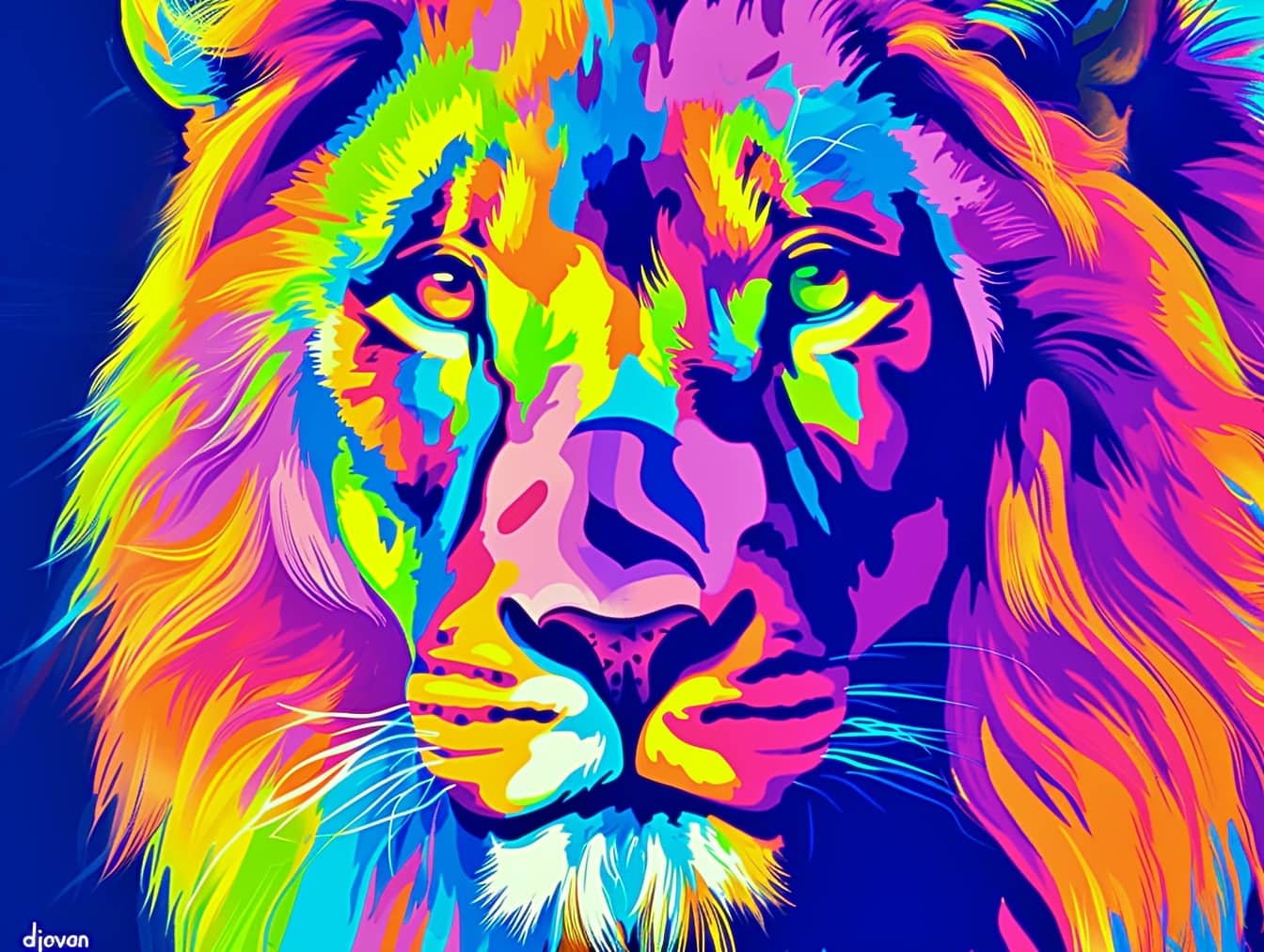 Pop-artstijlafbeelding van leeuwenkop met lange kleurrijke manen