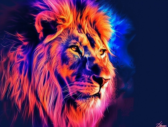 Gráfico pop art de cabeza de león con melena colorida