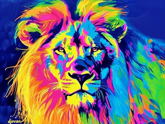 Kolorowa grafika w stylu pop art przedstawiająca lwa z kolorową grzywą