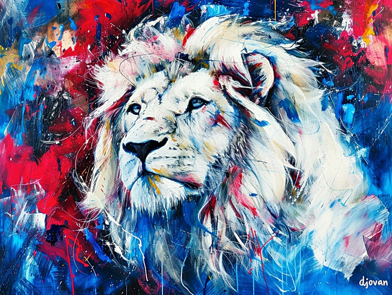 Öljymaalaus valkoisesta leijonanpäästä sinisillä silmillä pop-taiteen tyyliin