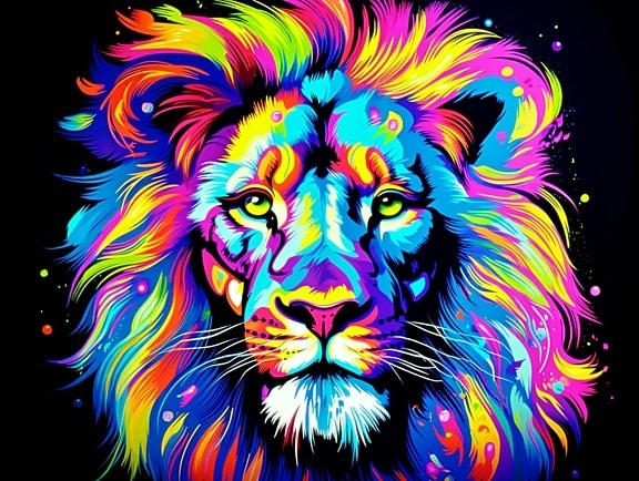 Kleurrijke pop-artafbeelding van leeuw met kleurrijke manen op zwarte achtergrond