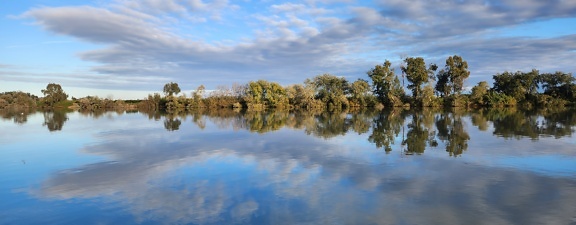 Panoramă cu reflexia copacilor și a norilor pe cer pe apa lacului