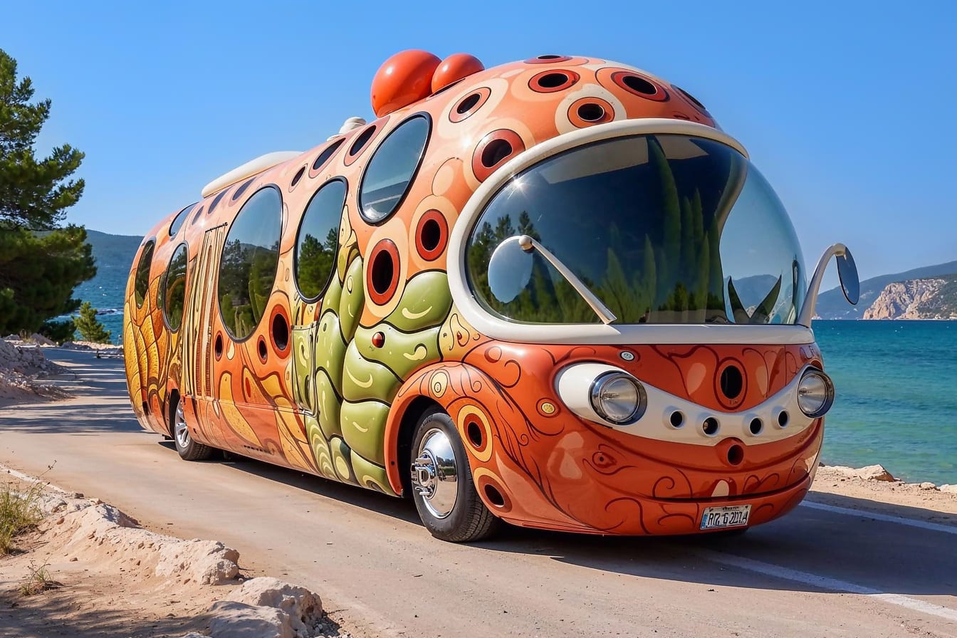 Autobús pintado de naranja y blanco en Croacia