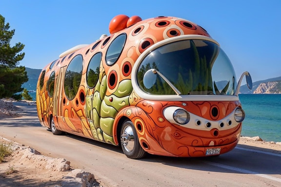 크로아티아에서 주황색과 흰색으로 칠해진 버스
