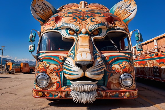 Farverig bus med et tigeransigt malet på i Kroatien