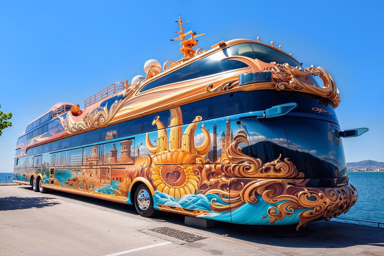 Strano autobus turistico futuristico sulla spiaggia della Croazia