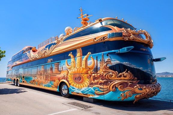 Konstig futuristisk turistbuss i Kroatiens strand