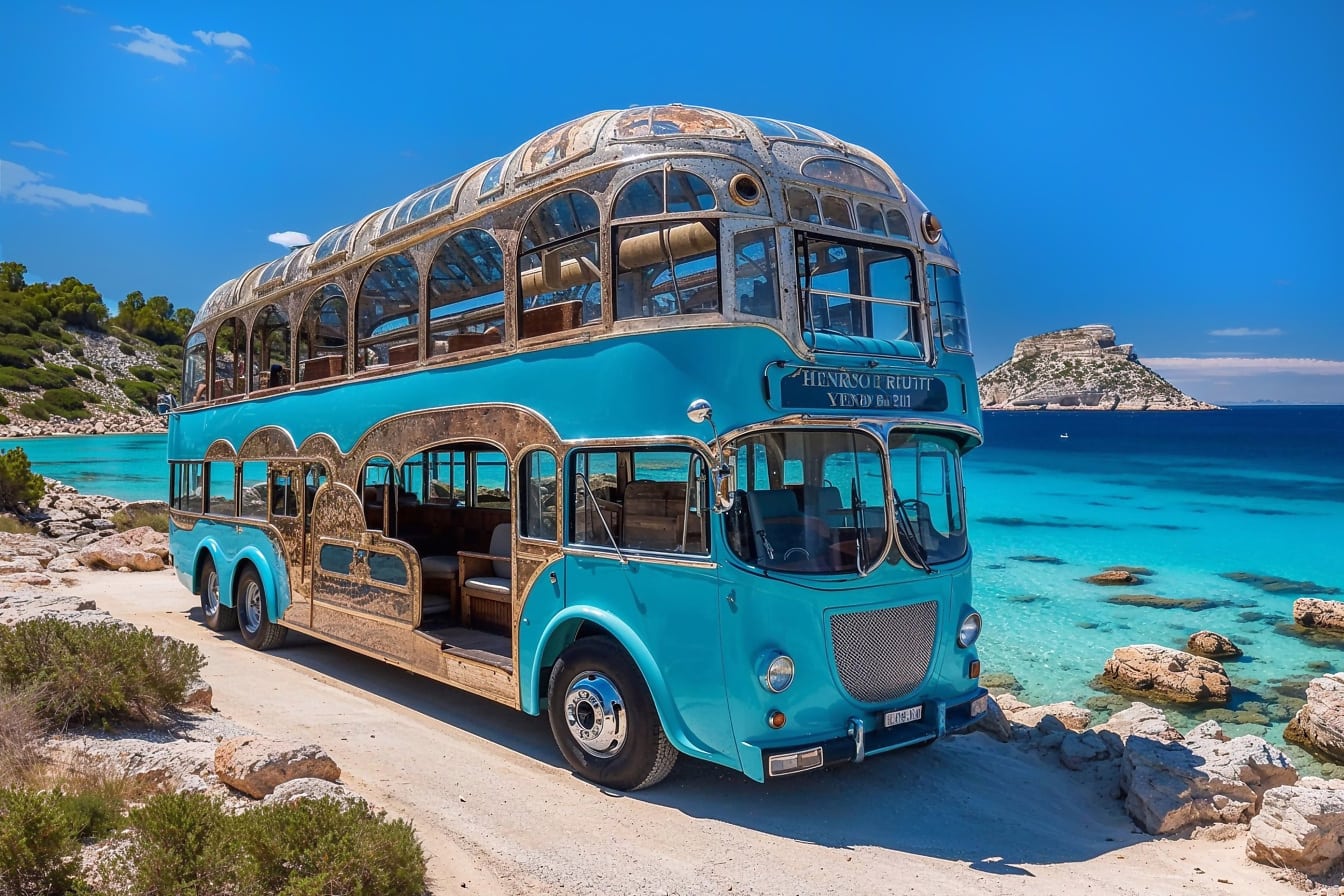 Autobús azul de dos pisos en una playa de Croacia