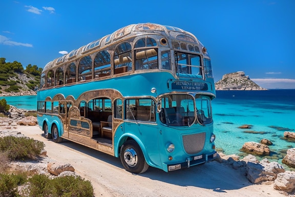 Autobuz albastru cu etaj pe o plajă din Croația
