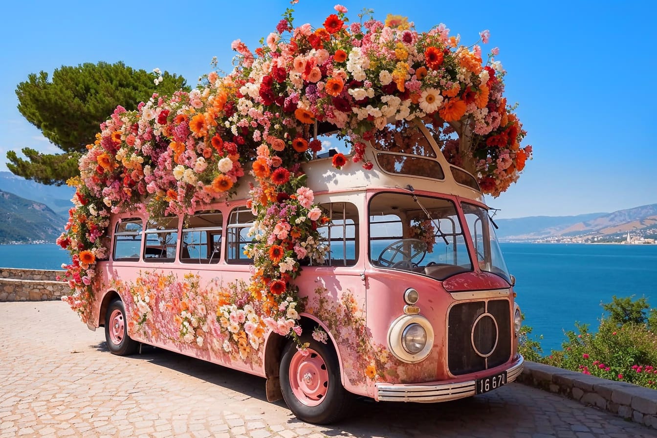 Ružový autobus s kvetmi na streche v Chorvátsku