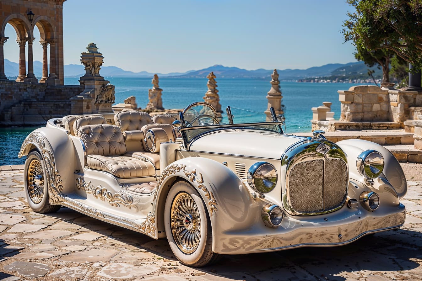Белый автомобиль, припаркованный на каменной поверхности с Адриатическим морем на заднем плане в Хорватии
