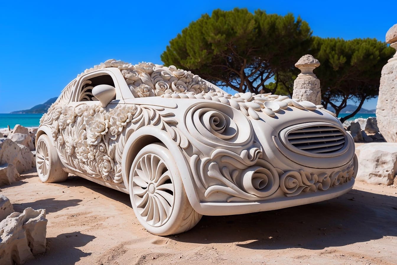 Skulptur av vit bil med snidade blommor på den i Kroatien