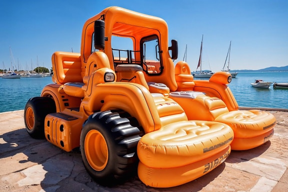 An inflatable bulldozer vehicle on a dock in Croatia