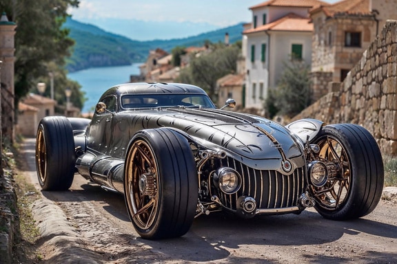 Black futuristic roadster car coupe with large wheels on street in Croatia