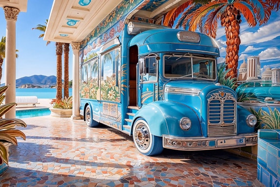 Modrý autobus zaparkovaný na terase s cihlovým mozaikovým povrchem v Chorvatsku