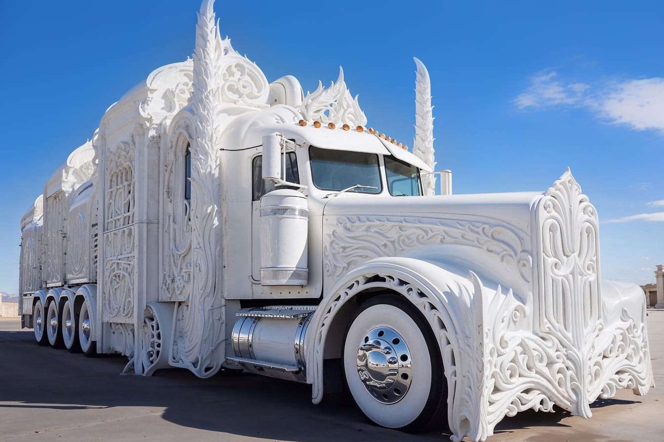 Fotomontáž 18-kolesového nákladného vozidla s majestátnymi vyrezávanými dekoráciami na ňom