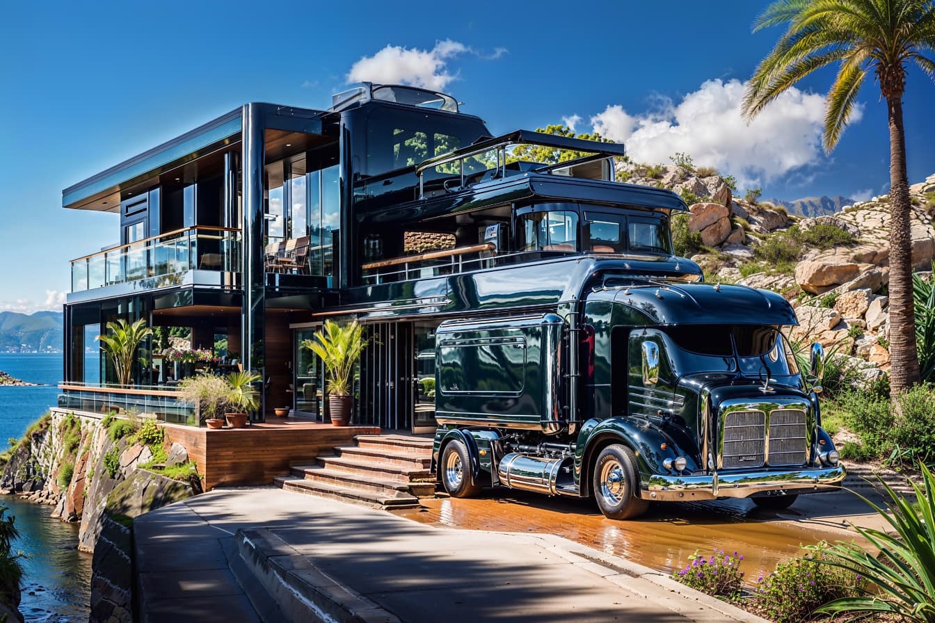 Grote zwarte vrachtwagen die buiten een luxehuis op een kust in Kroatië wordt geparkeerd