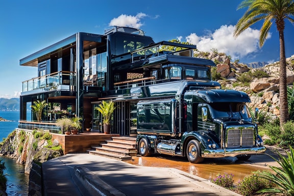 Large black truck parked outside of a luxury house on a seaside in Croatia