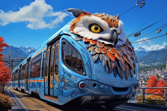 Önünde bir baykuş süslemeli mavi tren