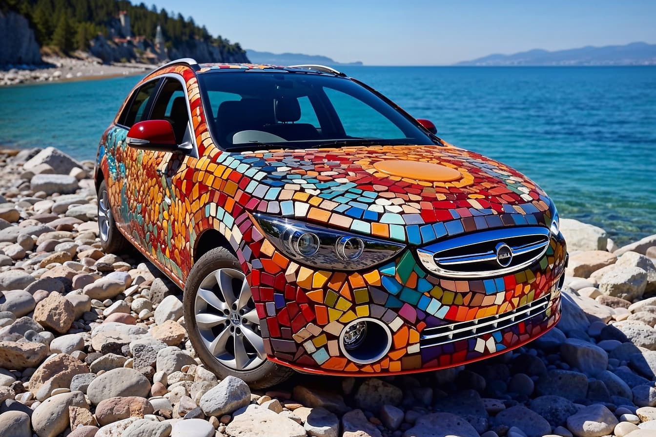 Auto mit buntem Mosaik darauf an felsiger Küste in Kroatien geparkt