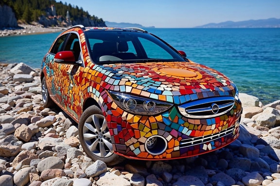 Car with colorful mosaic on it parked on rocky seacoast in Croatia