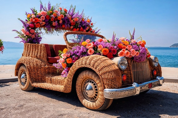 Houten rieten auto met bloemen op de voorkant in Kroatië