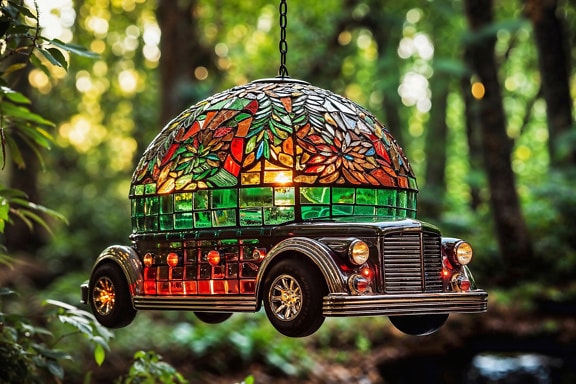 Stained glass dome shaped automobile hanging from a chain
