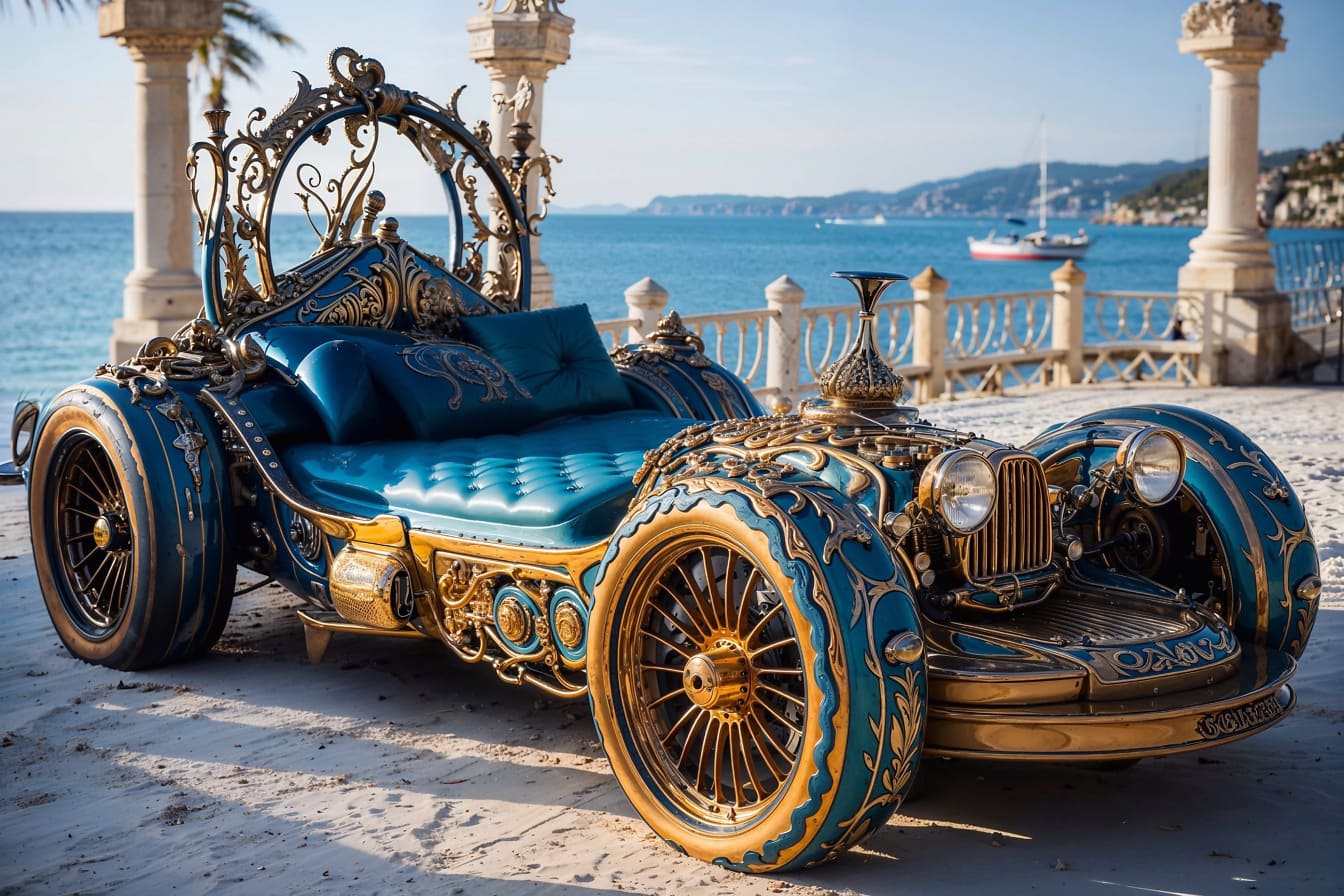 Сине-золотой автомобиль с кроватью в нем, припаркованный на берегу моря в Хорватии