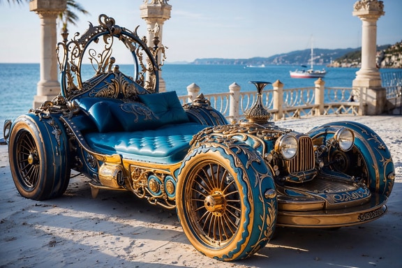 Blue and gold car with bed in it parked on beachfront in Croatia