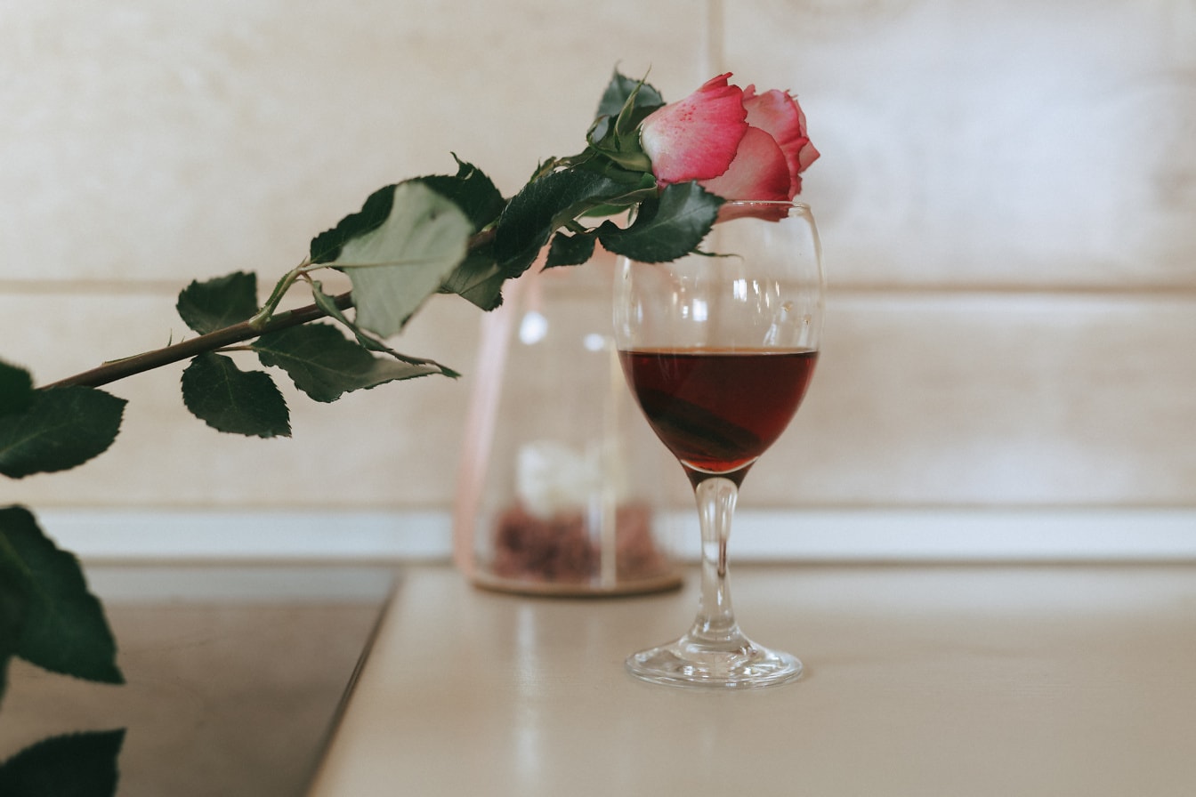 Poupě růže na křišťálové sklenici s červeným vínem, které ilustruje romantické milostné setkání