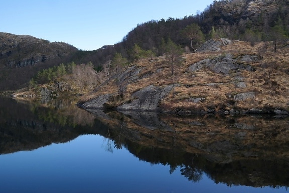 Landskap av lugnt sjövatten med kullar och träd