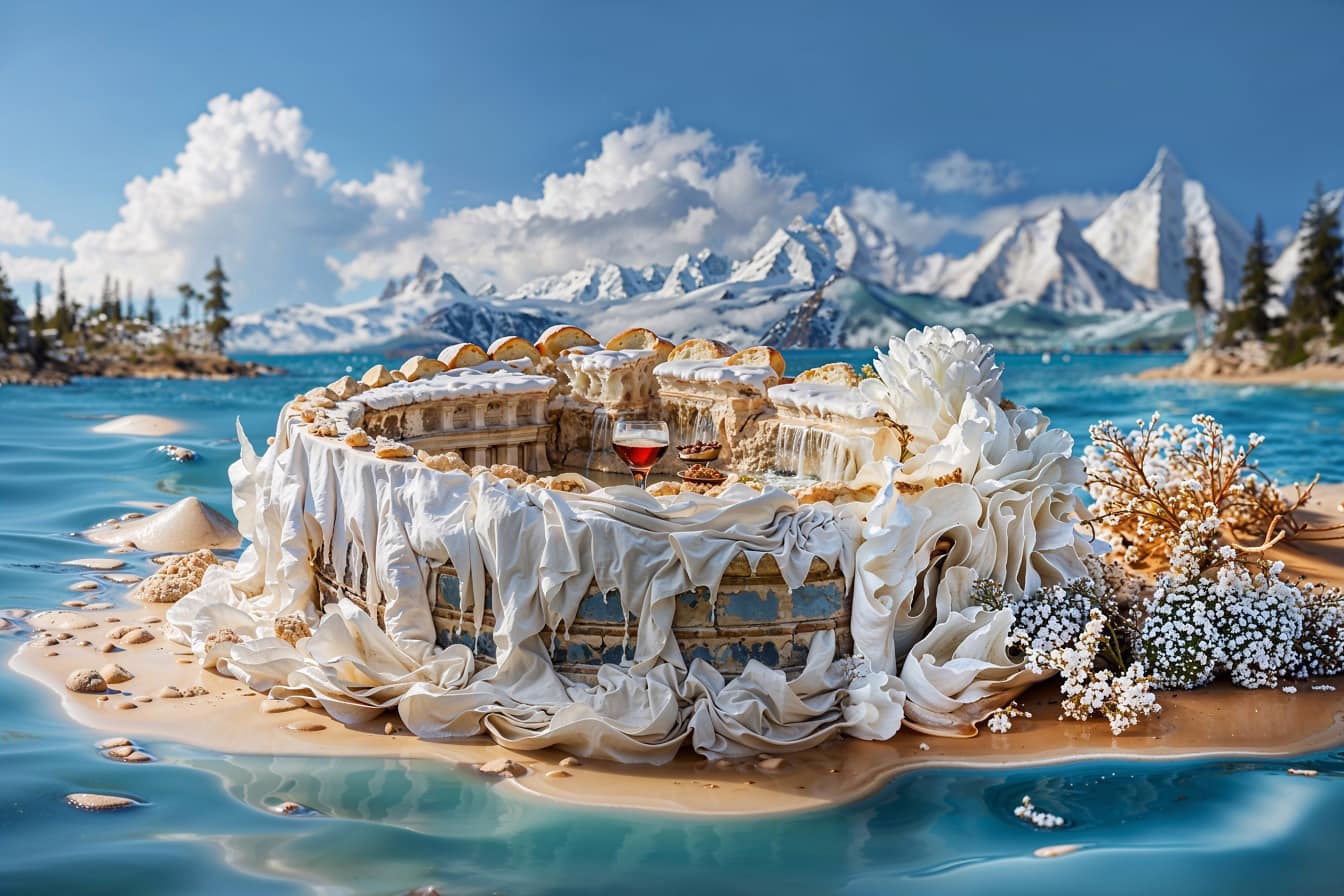 Gráfico digital de um bolo em forma de Coliseu em uma praia