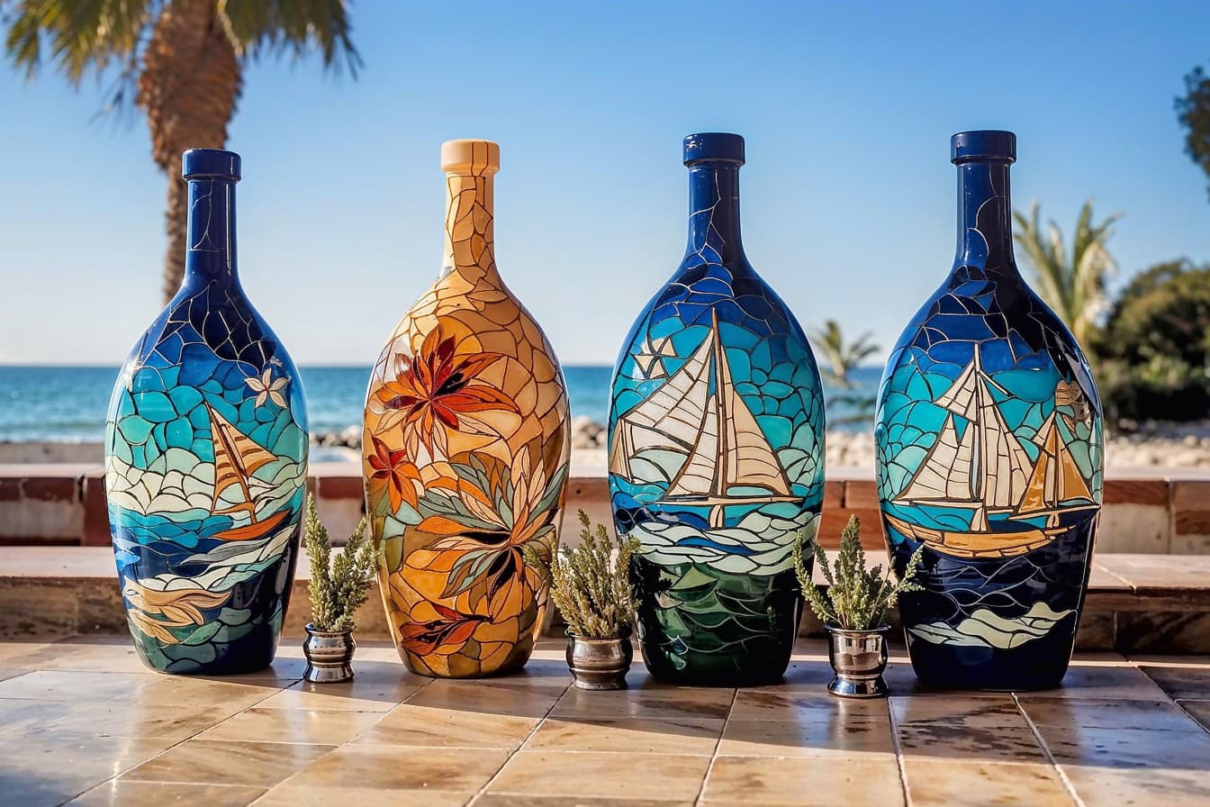 Fire vaser med mosaikk med bilde av en seilbåt