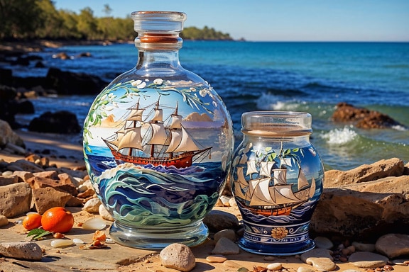 Graphic of a sailing ship on a glass vase and a jar on rocky beach