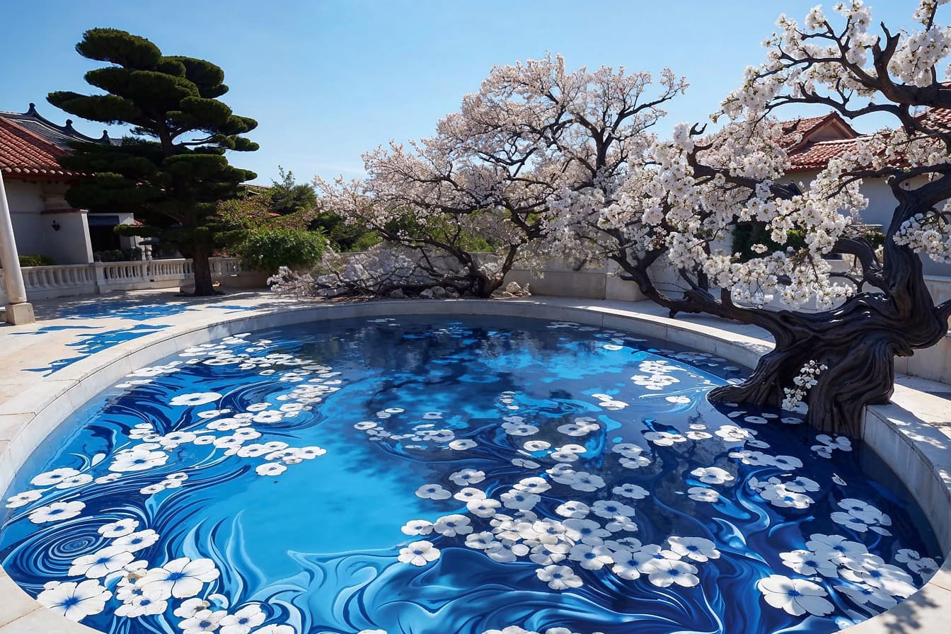 Ilustração de uma piscina com árvore florida nele